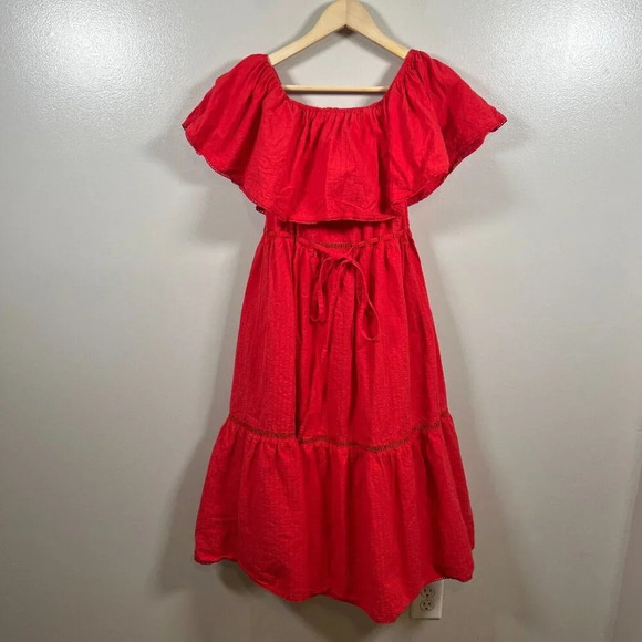 Lucy Paris Tiered Midi Dress Size XS Red Off the Shoulder Peasant Boho Vacation - Picture 1 of 8